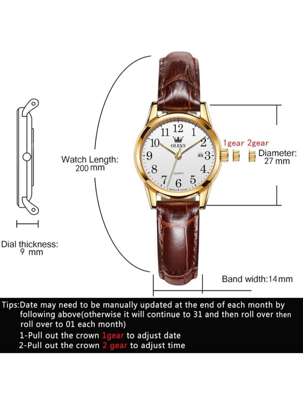 Olevs Women's White Brown Leather Analog Waterproof Reloj Mujer Luxury Watch - Picture 6 of 6